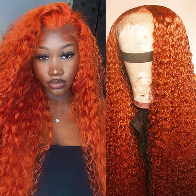 Orange Ginger Human Hair Curly Wig Transparent 13x6 Lace Front Wig For Black Women