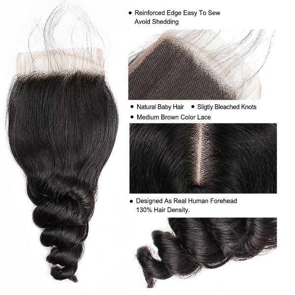 Indian Hair Loose Wave 4 Bundles With Closure Virgin Human Hair With Transparent 4x4 Lace Closure