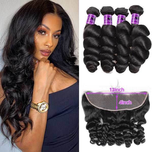Brazilian Loose Wave Hair Bundles With Frontal 4Bundle Loose Wave Hair With 13x4 Lace Front Closure