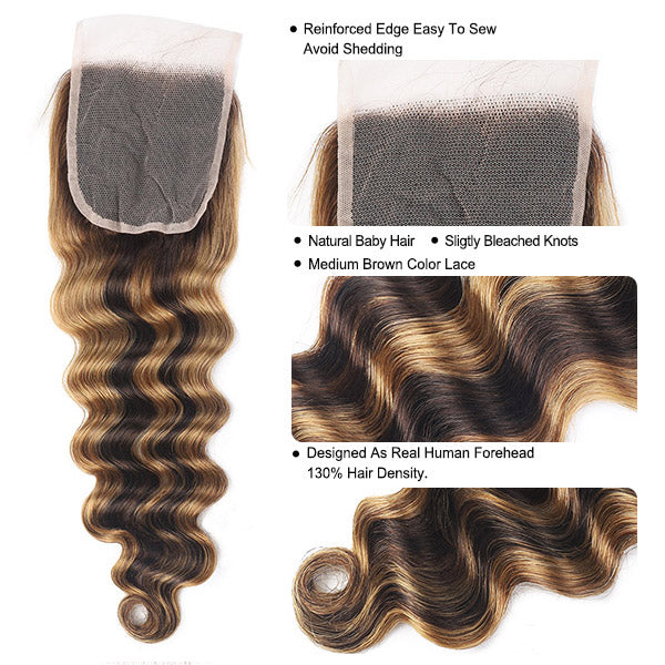 P4/27 Highlight Human Hair 10A Loose Deep Wave Bundles With Closure Ombre Brown Color Indian Remy Hair