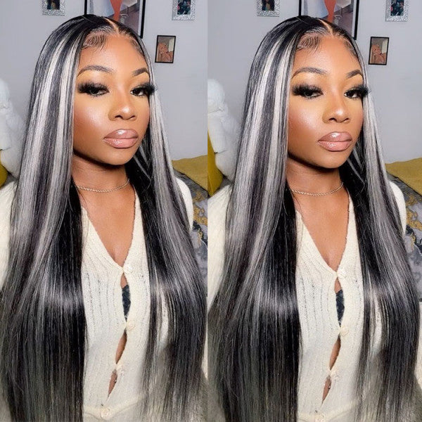 Platinum Blonde Highlight Gray With Black Colored Wigs Straight 13x4 HD Lace Front Wig Human Hair Wigs With Grey Highlights