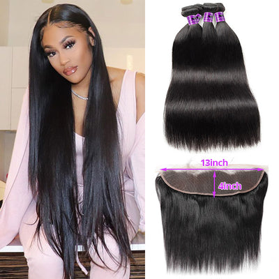 HD Lace Frontal With Bundles Peruvian Straight Hair 4 Bundles With 13x4 Lace Front Closure