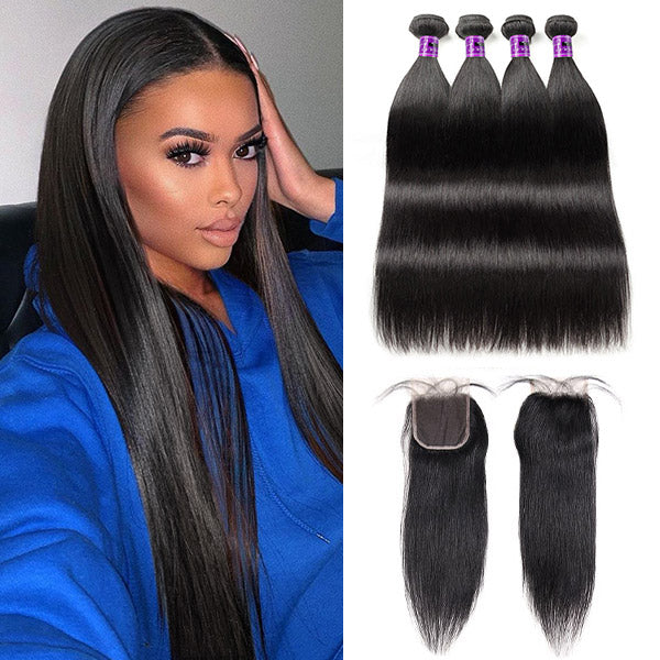 Straight Human Hair Bundles With Closure Indian Hair Extension Deals With Double Weft And Baby Hair