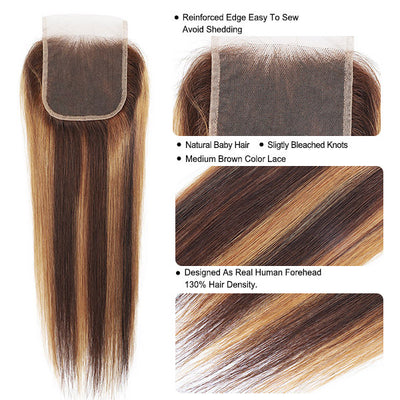 Honey Blonde Straight Human Hair Bundles Peruvian Straight Bundles With Closure Highlight Brown Colored Hair
