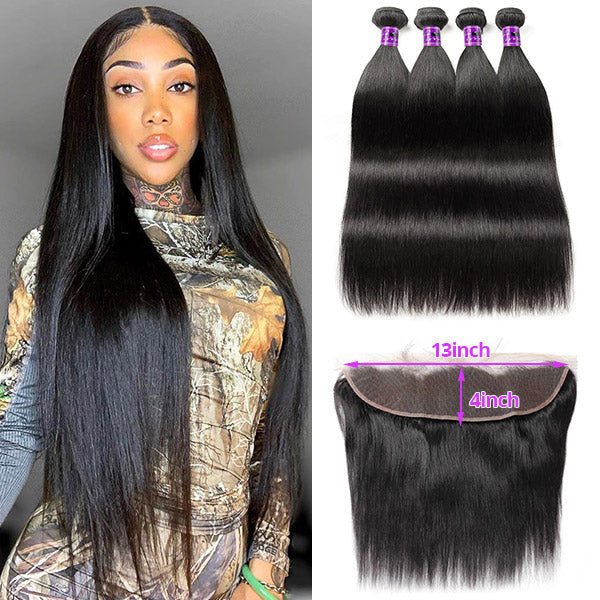 Bundles With Frontal Indian Straight Hair 4 Bundles With 13x4 Lace Closure