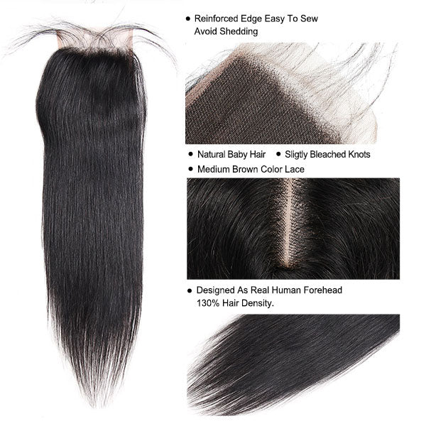 Straight Human Hair Bundles With Closure Indian Hair Extension Deals With Double Weft And Baby Hair