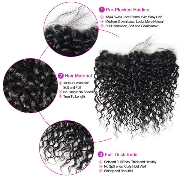 Water Wave Human Hair Bundles With Frontal Closure Peruvian Hd 13x4 Lace Front Closure