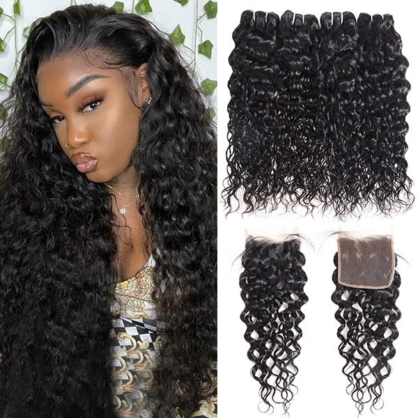 Unprocessed Natural Wave Indian Hair Water Wave Bundles With Closure Hd 4x4 Lacce Closure