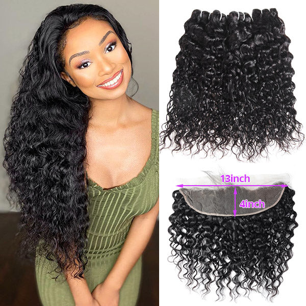 Water Wave 4 Bundles With Frontal Indian Human Hair Weave Bundles And 13x4 Lace Frontal Closure