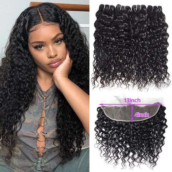 13x4 HD Lace Frontal With Bundles Peruvian Water Wave Hair Weave 4 Bundles With Ear To Ear Closure